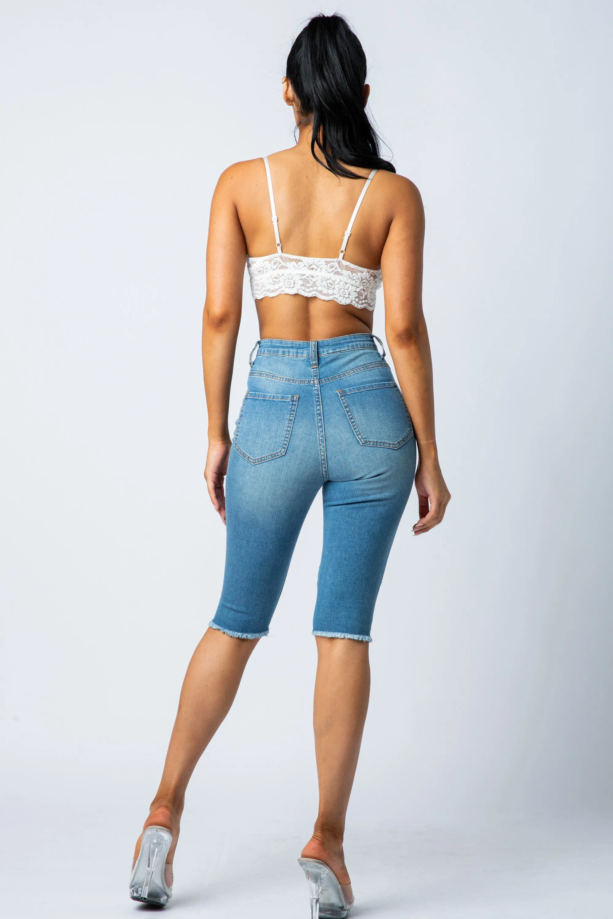 4255B Super High Waisted Distressed Bermuda Shorts