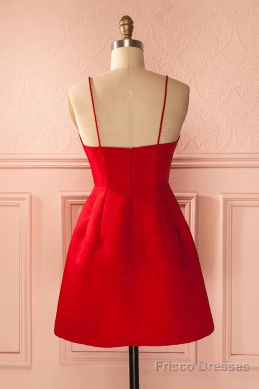 A Line Backless Short Red Prom Dresses, Short Red Satin Homecoming Graduation Dresses, Red Formal Dresses