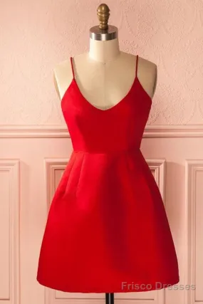 A Line Backless Short Red Prom Dresses, Short Red Satin Homecoming Graduation Dresses, Red Formal Dresses