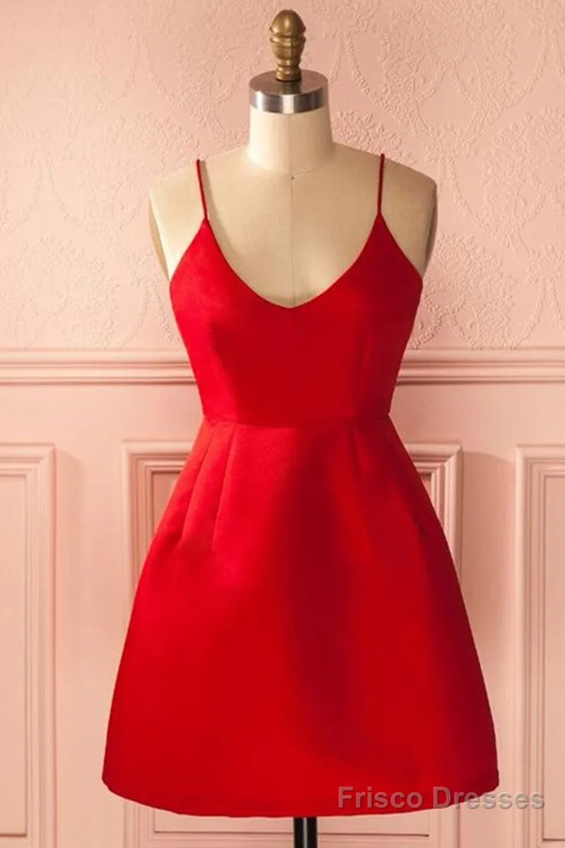 A Line Backless Short Red Prom Dresses, Short Red Satin Homecoming Graduation Dresses, Red Formal Dresses