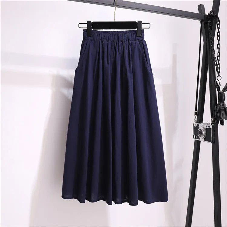 A-Line Mid-Length Cotton Skirt Mori Solid Colored Art Pocket Plus Size Women Summer Skirt
