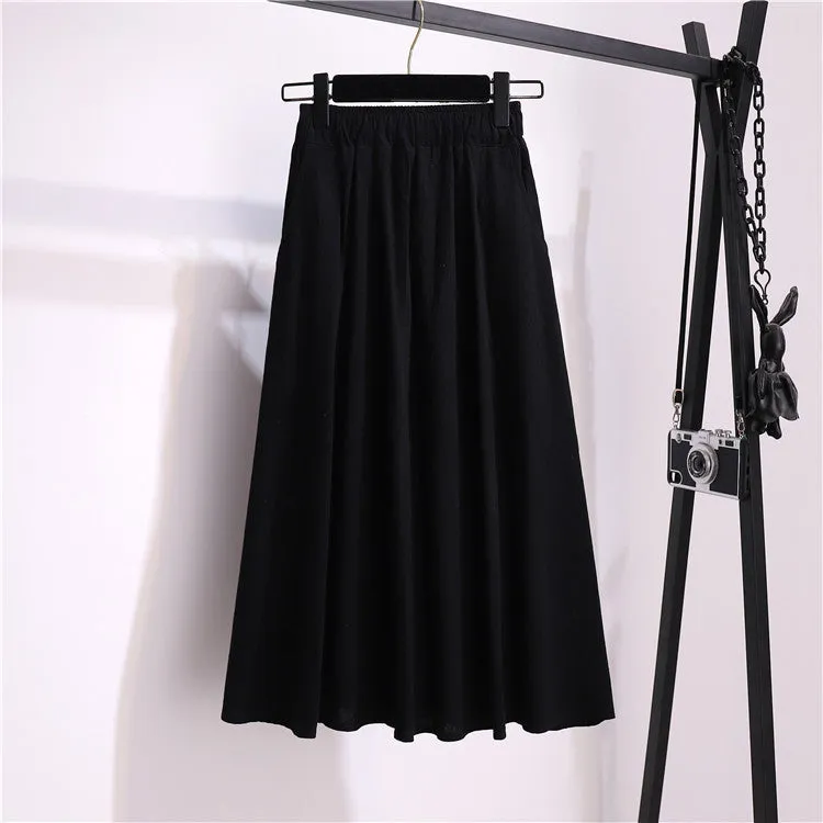 A-Line Mid-Length Cotton Skirt Mori Solid Colored Art Pocket Plus Size Women Summer Skirt