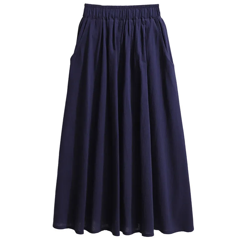 A-Line Mid-Length Cotton Skirt Mori Solid Colored Art Pocket Plus Size Women Summer Skirt