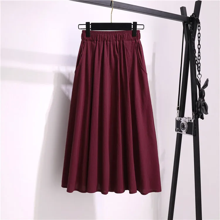 A-Line Mid-Length Cotton Skirt Mori Solid Colored Art Pocket Plus Size Women Summer Skirt