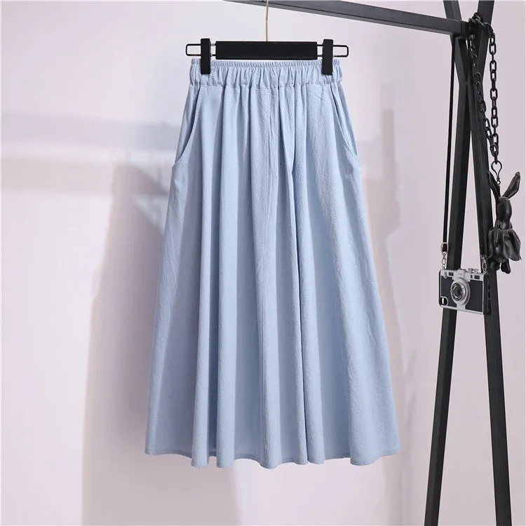 A-Line Mid-Length Cotton Skirt Mori Solid Colored Art Pocket Plus Size Women Summer Skirt