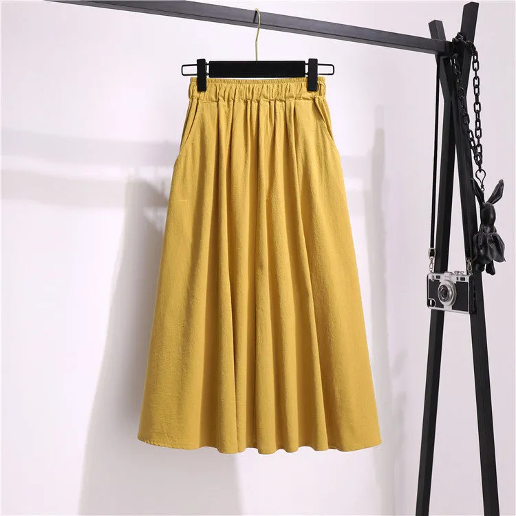 A-Line Mid-Length Cotton Skirt Mori Solid Colored Art Pocket Plus Size Women Summer Skirt