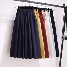 A-Line Mid-Length Cotton Skirt Mori Solid Colored Art Pocket Plus Size Women Summer Skirt