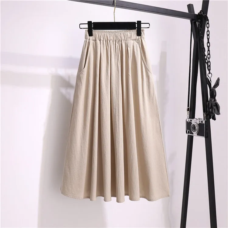 A-Line Mid-Length Cotton Skirt Mori Solid Colored Art Pocket Plus Size Women Summer Skirt