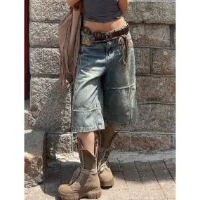 Aiertu Women's Shorts Summer Blue High Waist Jeans Y2K Straight Plus Size Classic Casual Pants Streetwear Vintage Wide Leg Denim Shorts