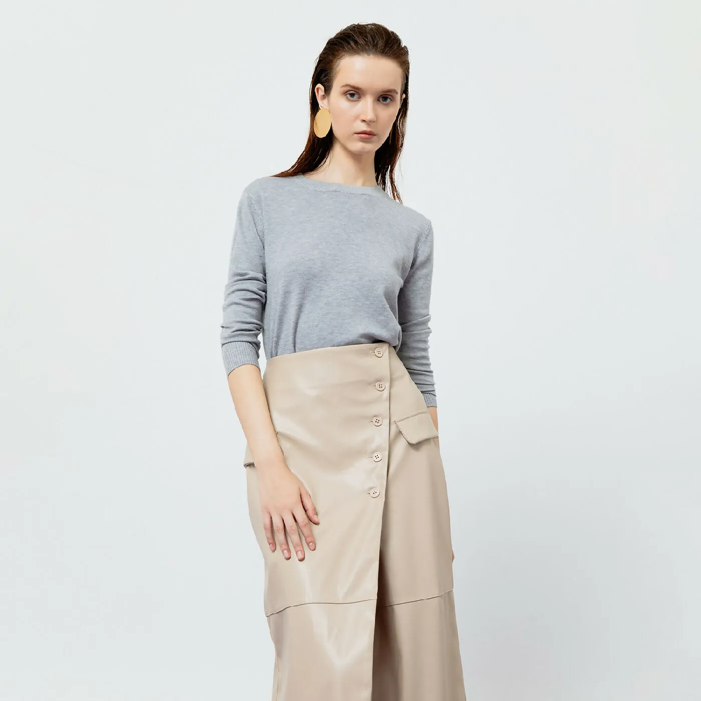 ATSTHELABEL BEATRIX CREME FAUX LEATHER MIDI SKIRT