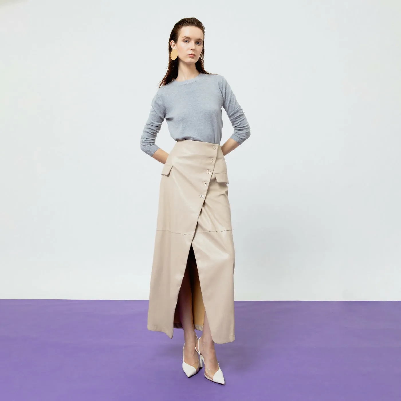 ATSTHELABEL BEATRIX CREME FAUX LEATHER MIDI SKIRT