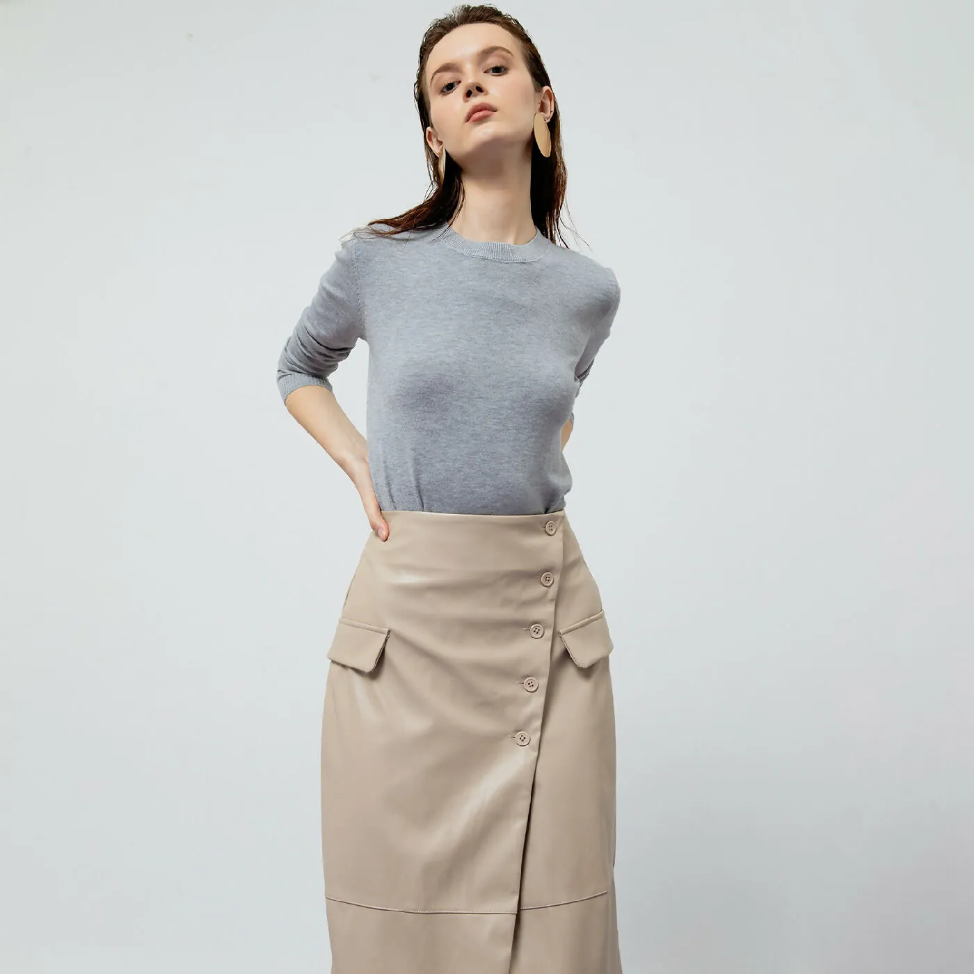 ATSTHELABEL BEATRIX CREME FAUX LEATHER MIDI SKIRT