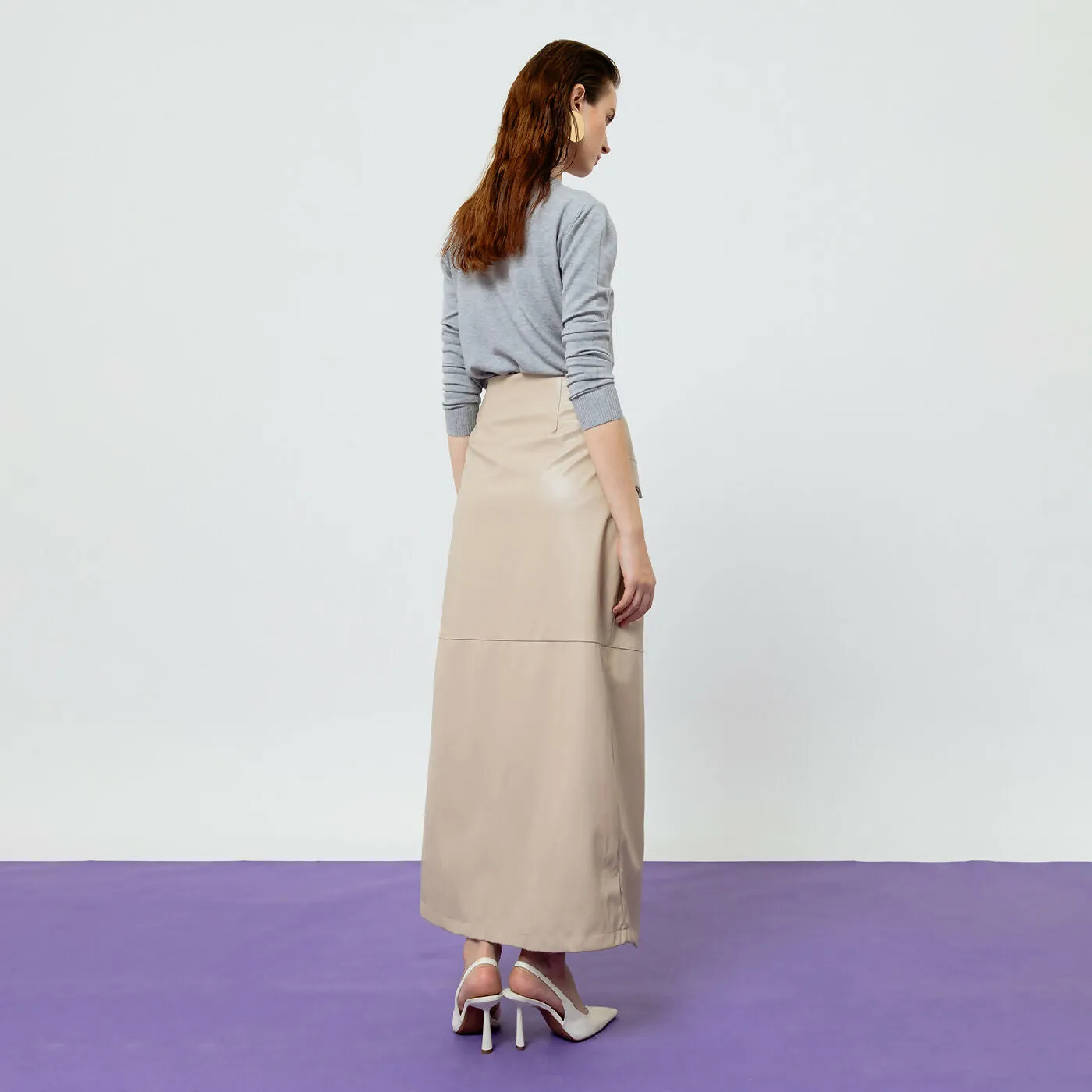 ATSTHELABEL BEATRIX CREME FAUX LEATHER MIDI SKIRT