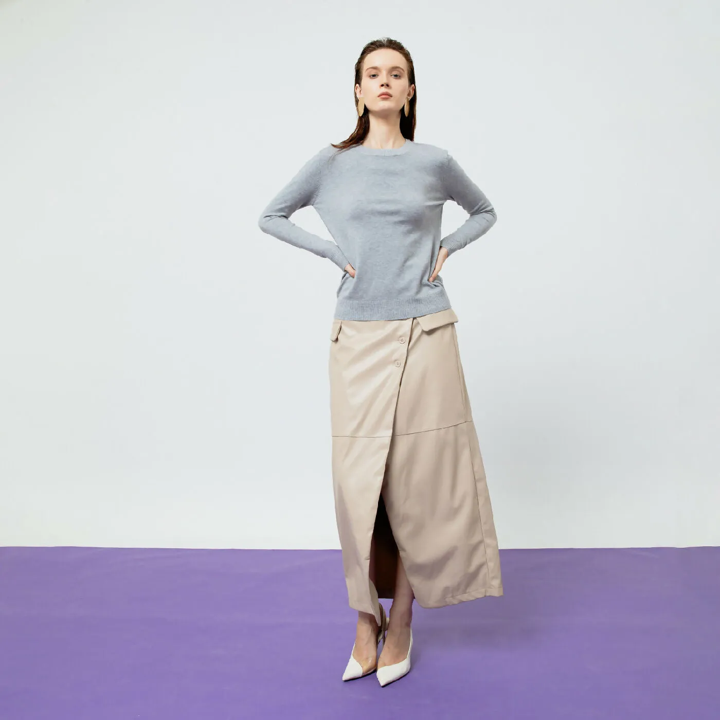ATSTHELABEL BEATRIX CREME FAUX LEATHER MIDI SKIRT
