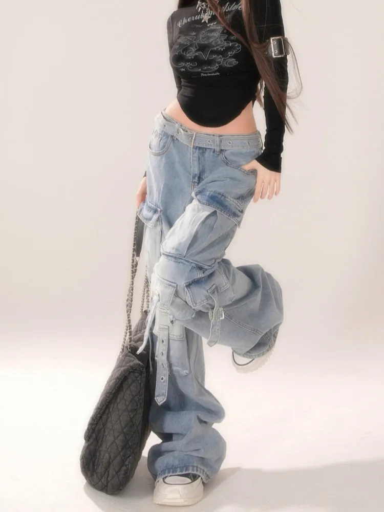 Baddie Blue Light Gradient Multi-Pocket Cargo Jeans