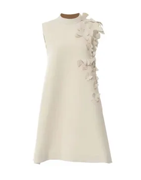 Beige Flower Embellished Short Sleeveless Dress