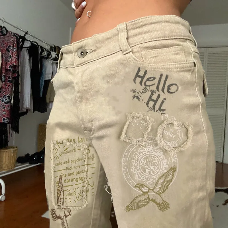 Beige Low Waist Letter Print Jeans