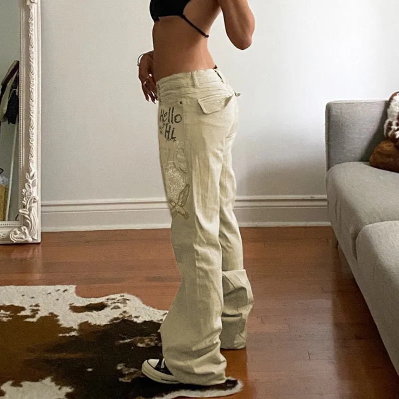 Beige Low Waist Letter Print Jeans