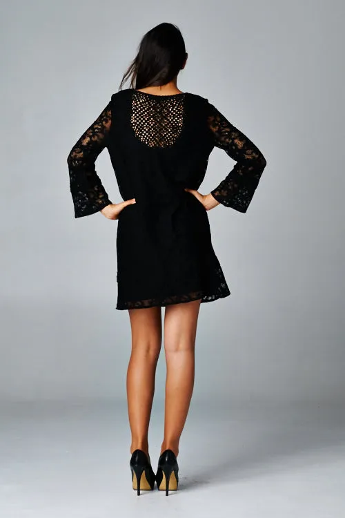 Bell Sleeve Lace Shift Mini Dress