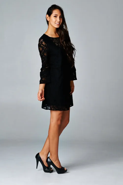 Bell Sleeve Lace Shift Mini Dress