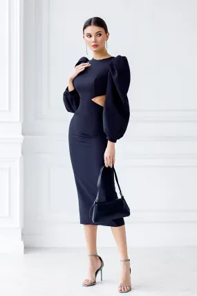 Black Backless Cut-Out Puff-Sleeve Midi Dress