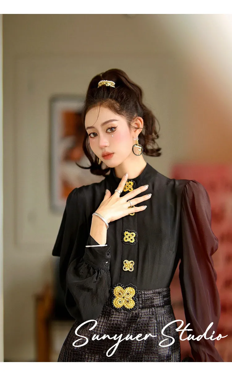 Black gold buttons embroidered beaded bow long-sleeved dress- Otia