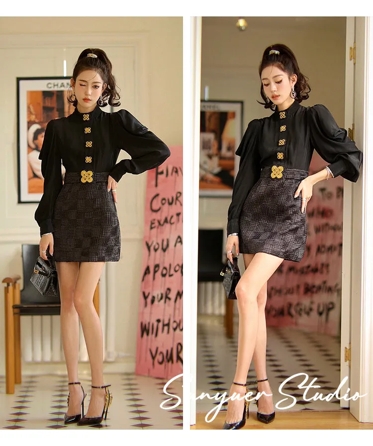 Black gold buttons embroidered beaded bow long-sleeved dress- Otia