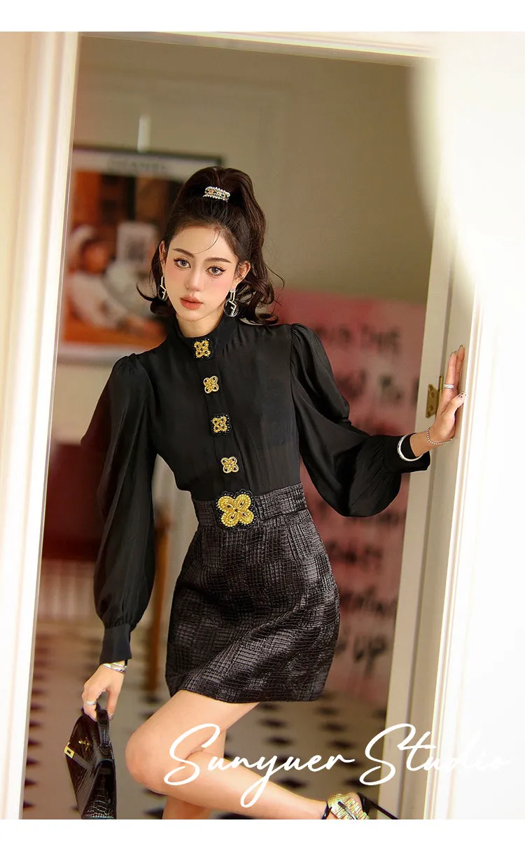 Black gold buttons embroidered beaded bow long-sleeved dress- Otia