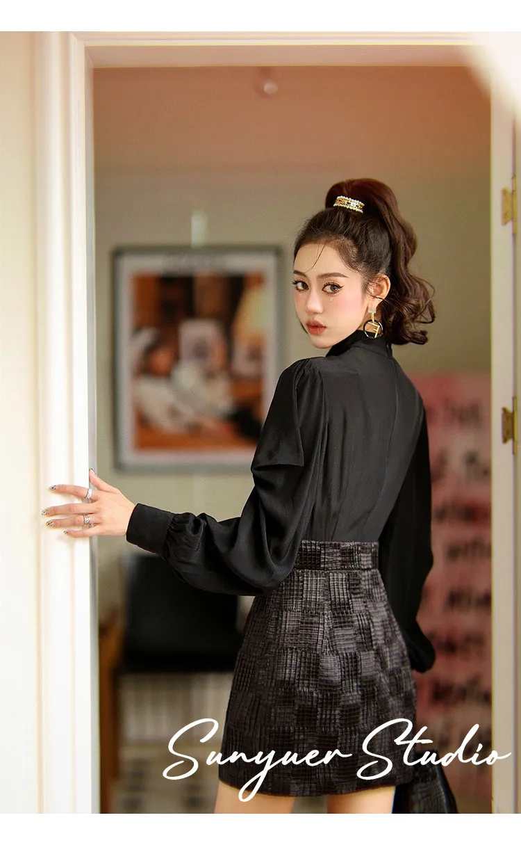 Black gold buttons embroidered beaded bow long-sleeved dress- Otia