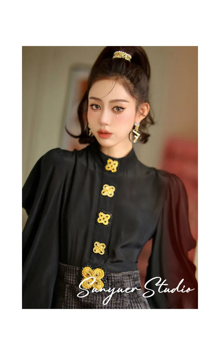 Black gold buttons embroidered beaded bow long-sleeved dress- Otia