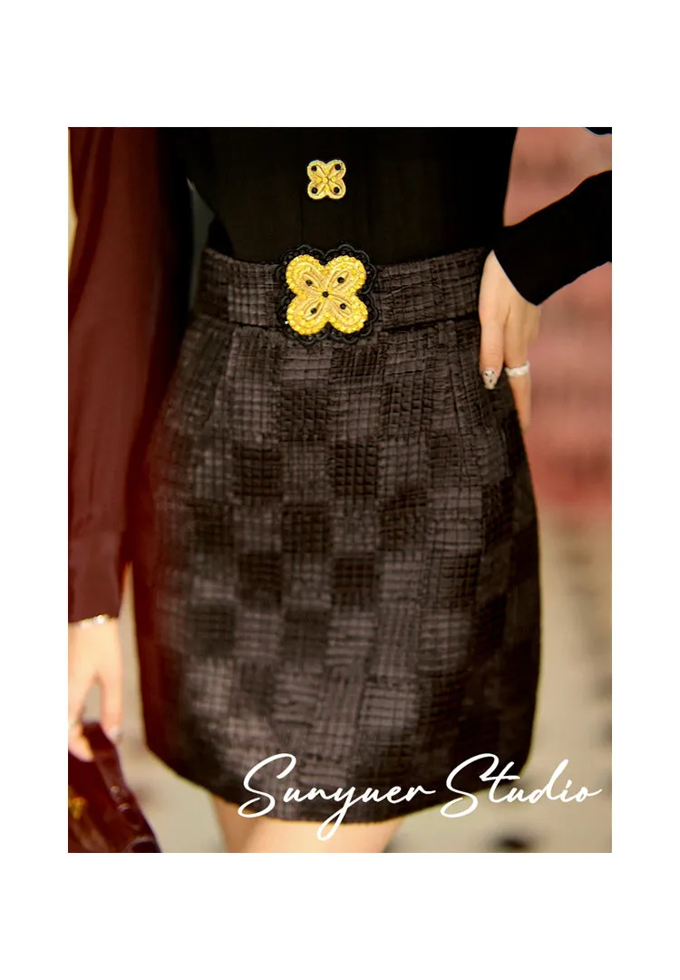 Black gold buttons embroidered beaded bow long-sleeved dress- Otia