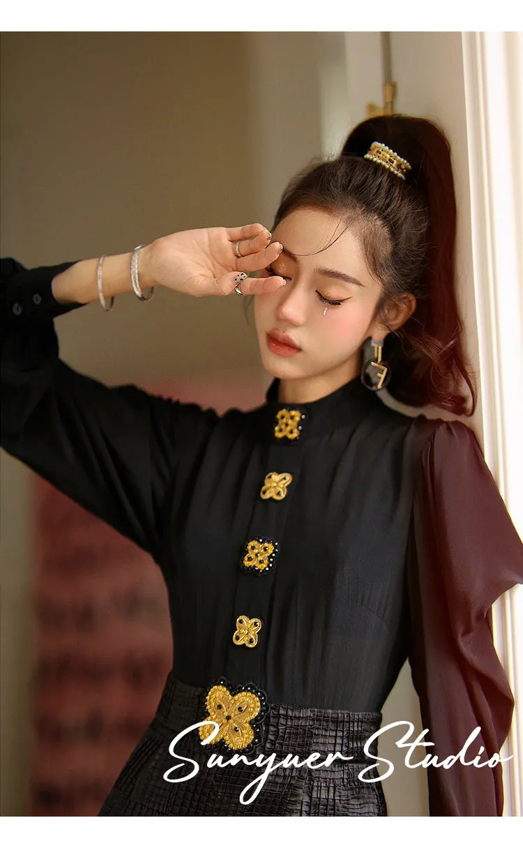 Black gold buttons embroidered beaded bow long-sleeved dress- Otia