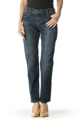 Blue Dark-Wash Straight-Leg Denim Jeans