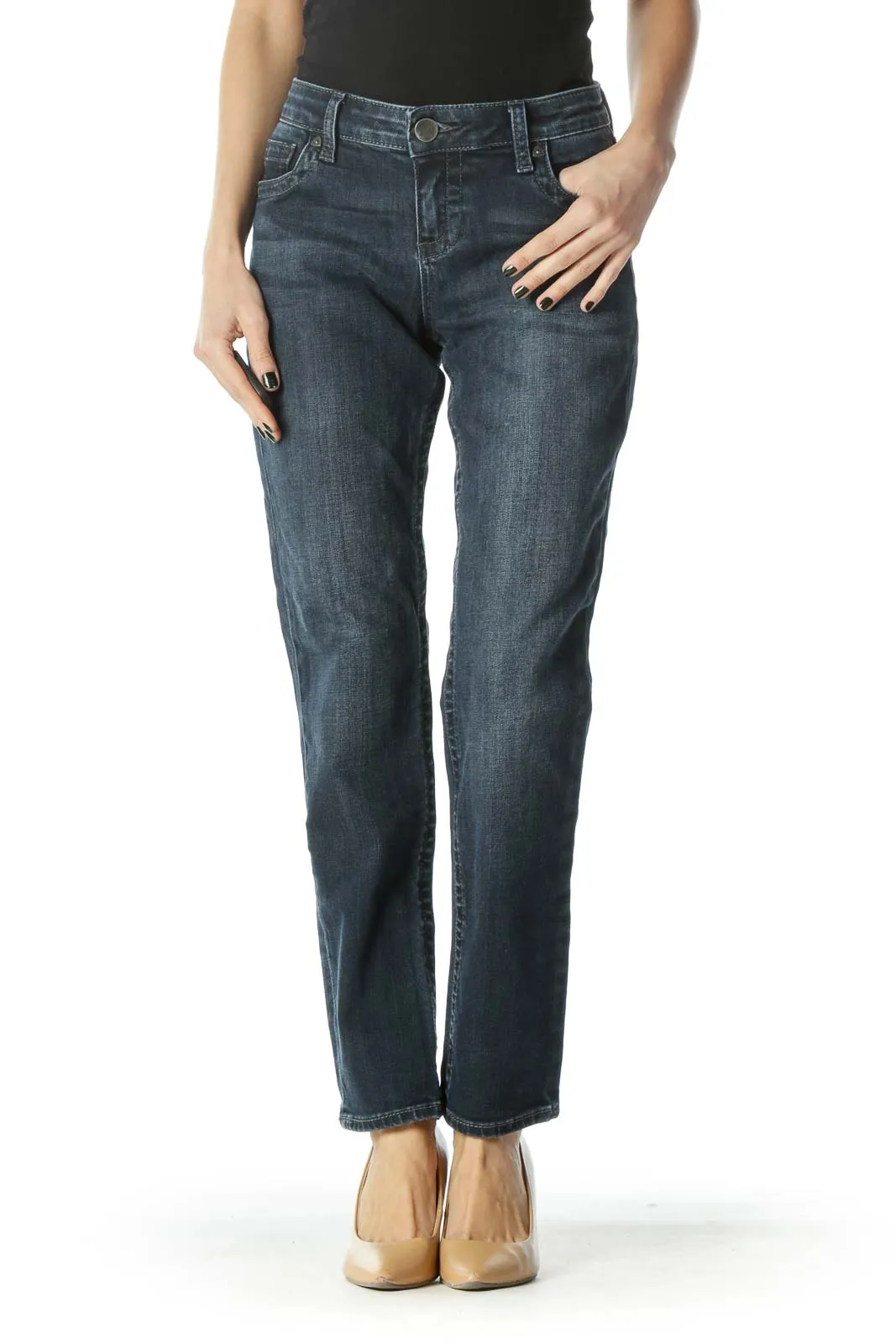 Blue Dark-Wash Straight-Leg Denim Jeans