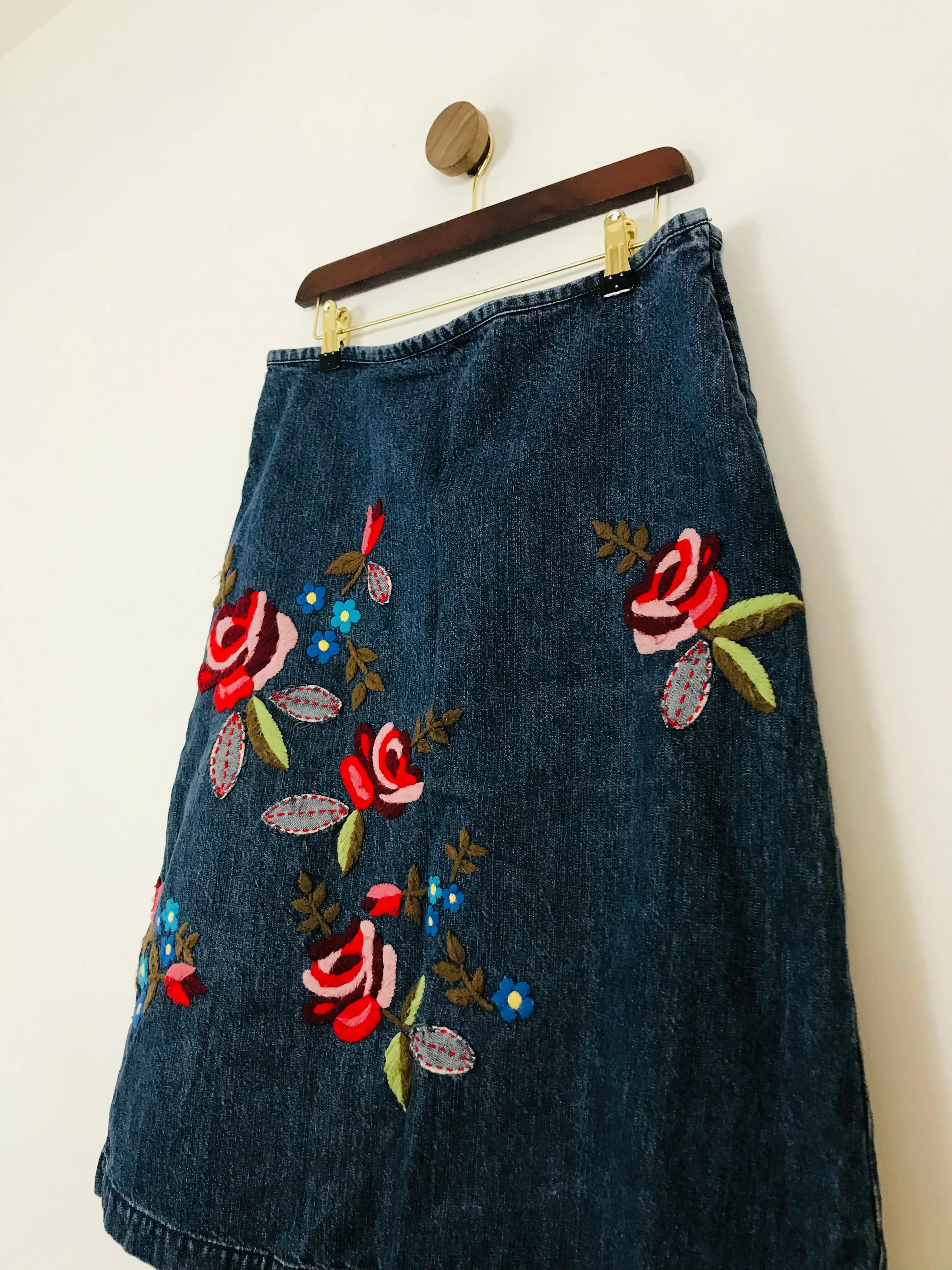 Boden Women's Floral Embroidered Denim A-Line Skirt | UK14 | Blue