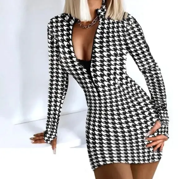Bodycon Deep V Neck Printed Mini Dress