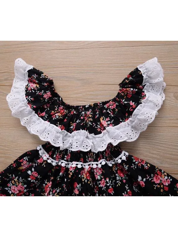British Style Off Shoulder Lace Trim Flower Princess Dress