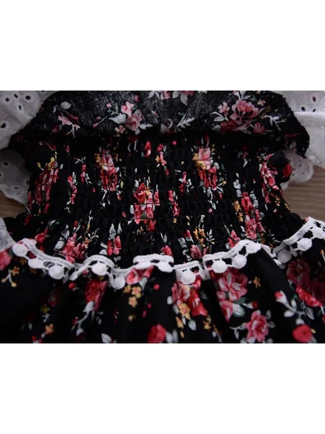 British Style Off Shoulder Lace Trim Flower Princess Dress