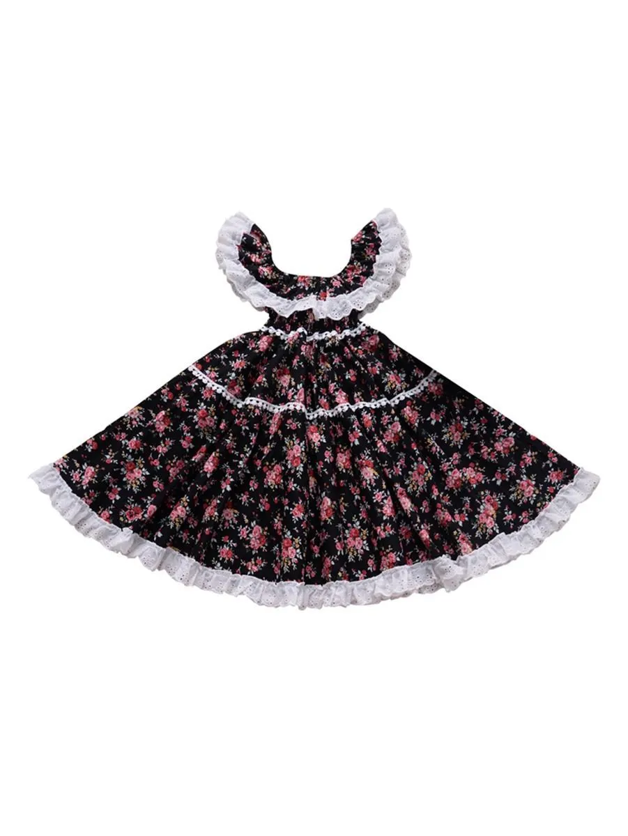 British Style Off Shoulder Lace Trim Flower Princess Dress