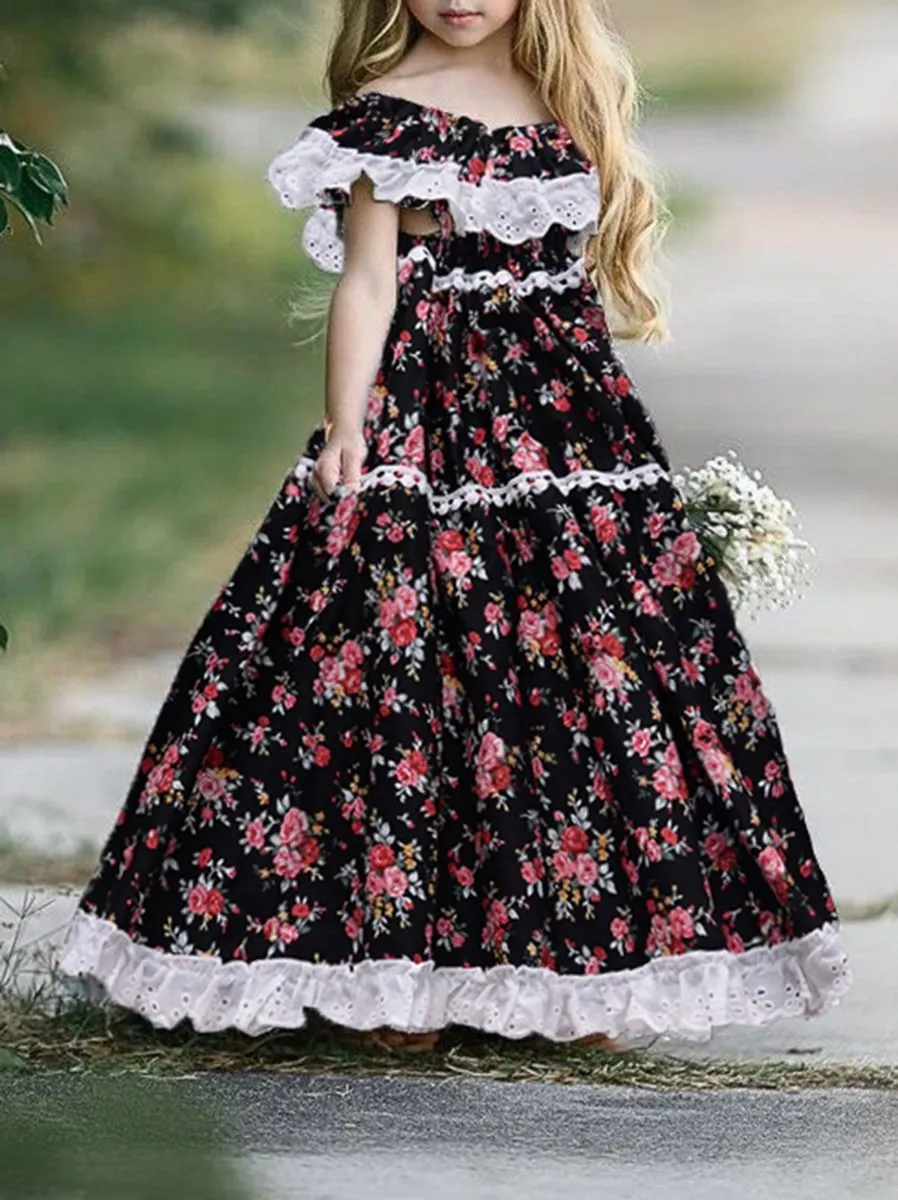 British Style Off Shoulder Lace Trim Flower Princess Dress