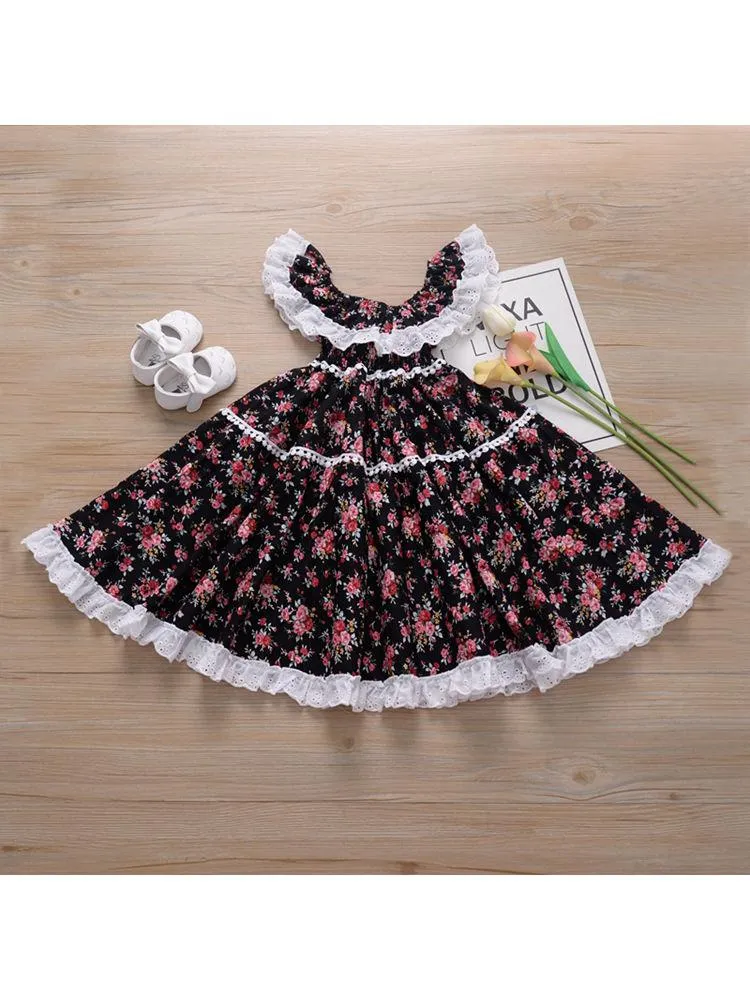 British Style Off Shoulder Lace Trim Flower Princess Dress