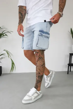 Cargo Utility Denim Shorts - Light Blue