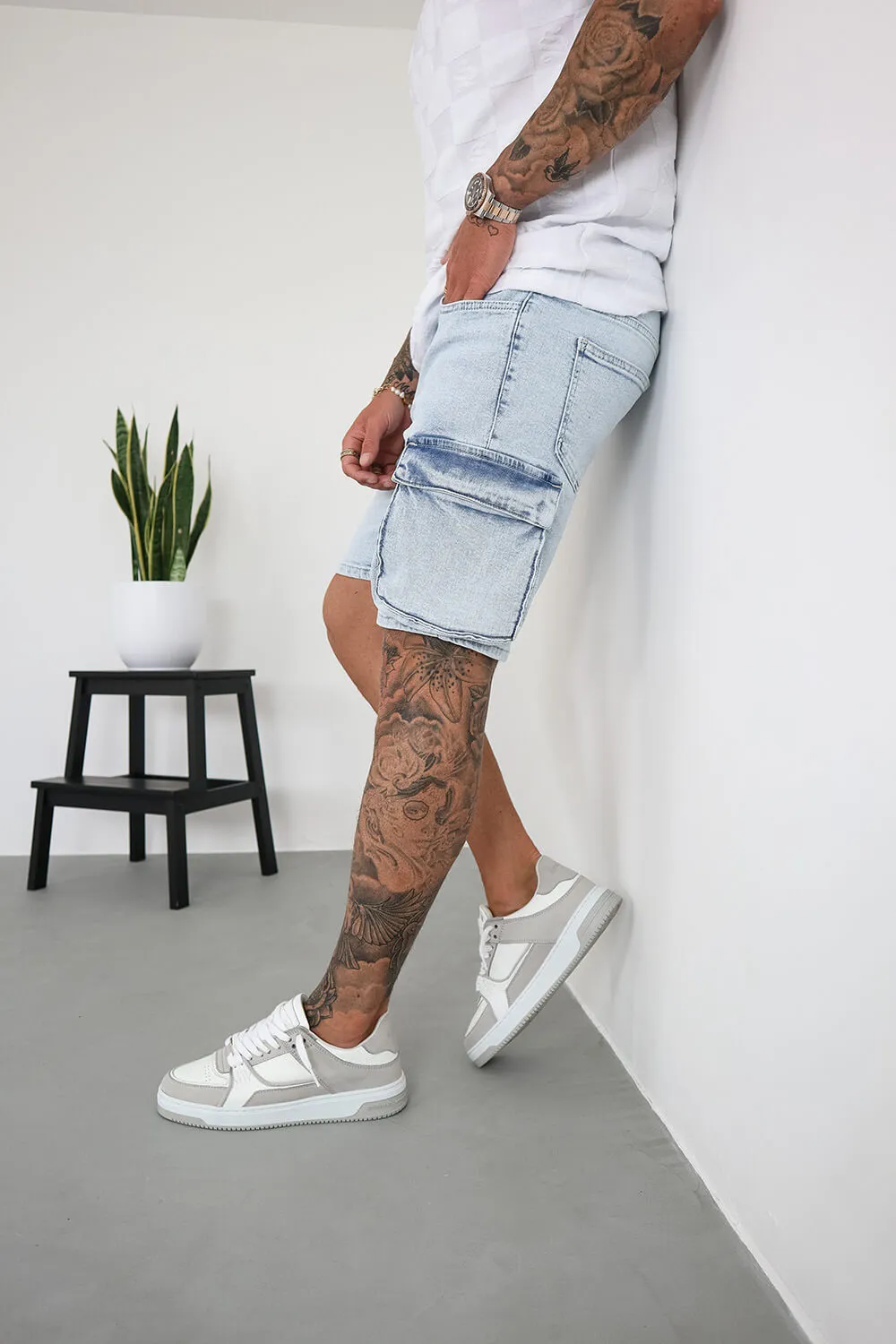 Cargo Utility Denim Shorts - Light Blue