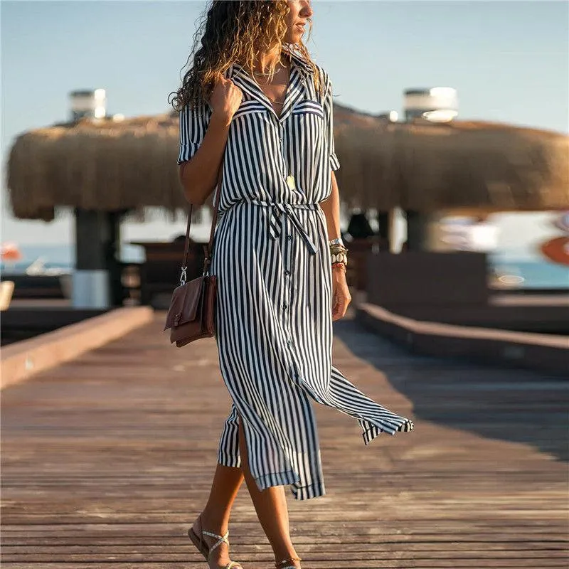 Casual Striped Shirt Long Dress