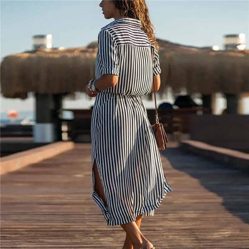 Casual Striped Shirt Long Dress