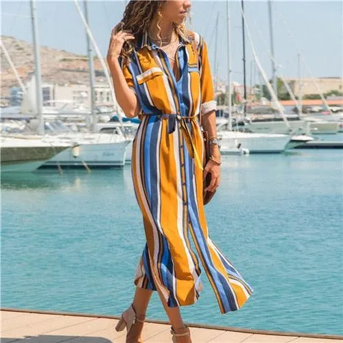 Casual Striped Shirt Long Dress