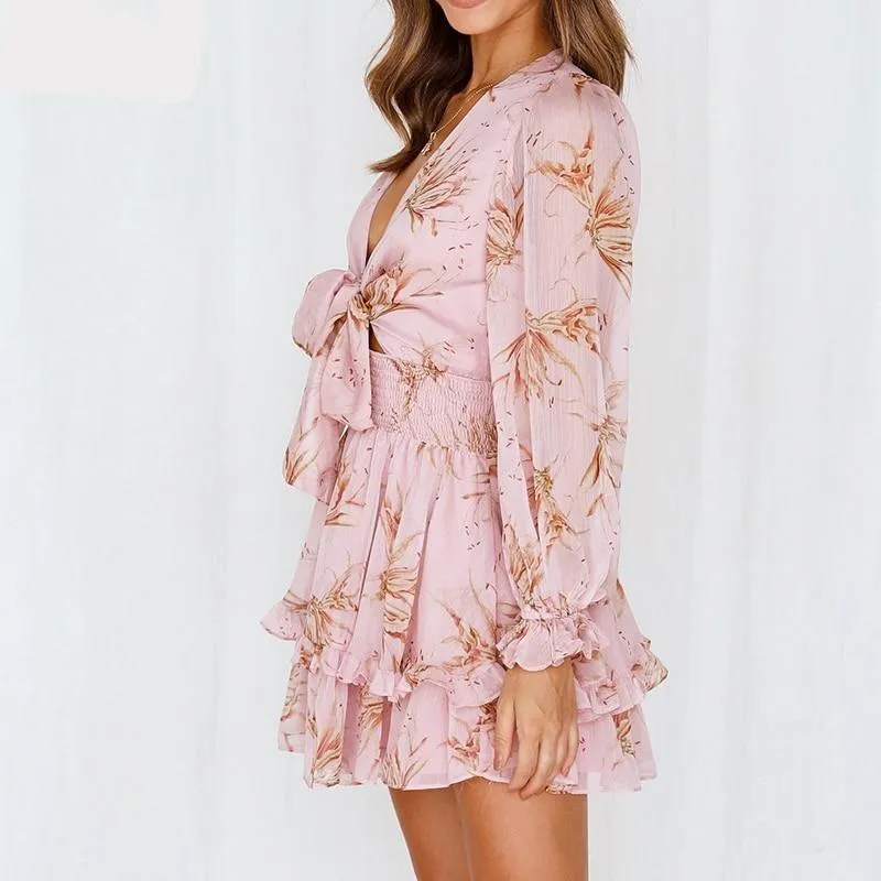 Chiffon Ruffled Front Tie Dress
