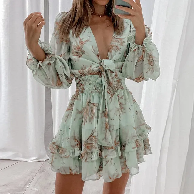 Chiffon Ruffled Front Tie Dress