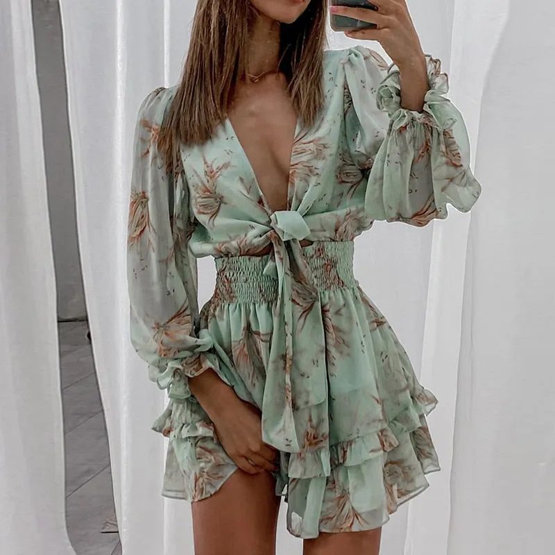 Chiffon Ruffled Front Tie Dress