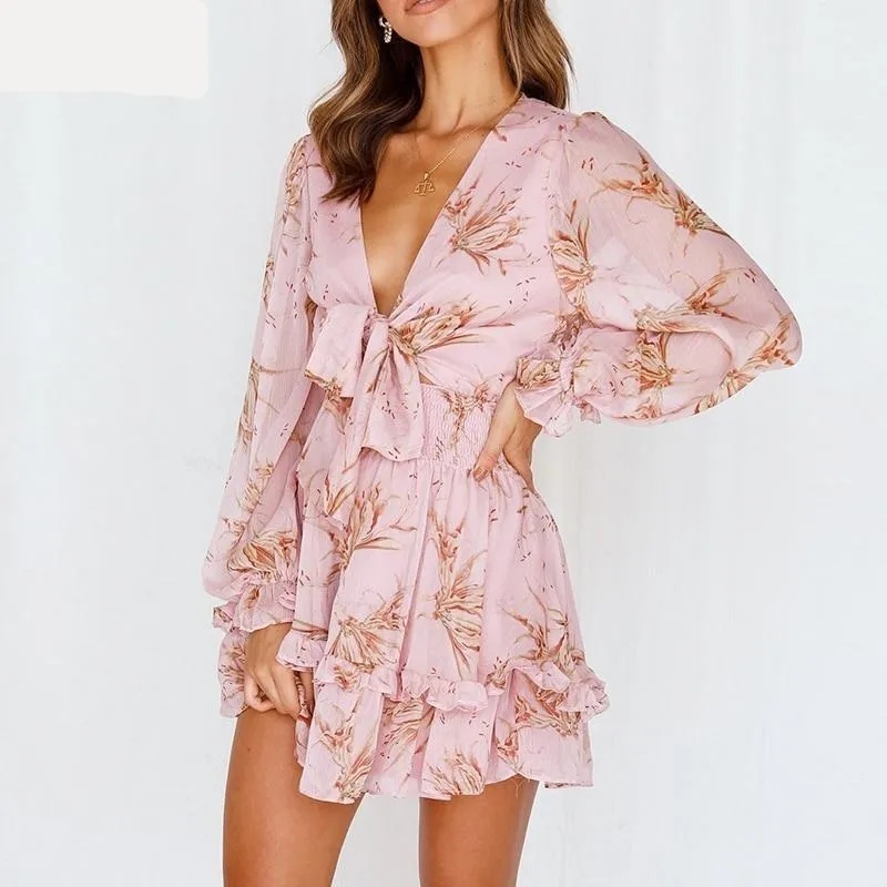 Chiffon Ruffled Front Tie Dress